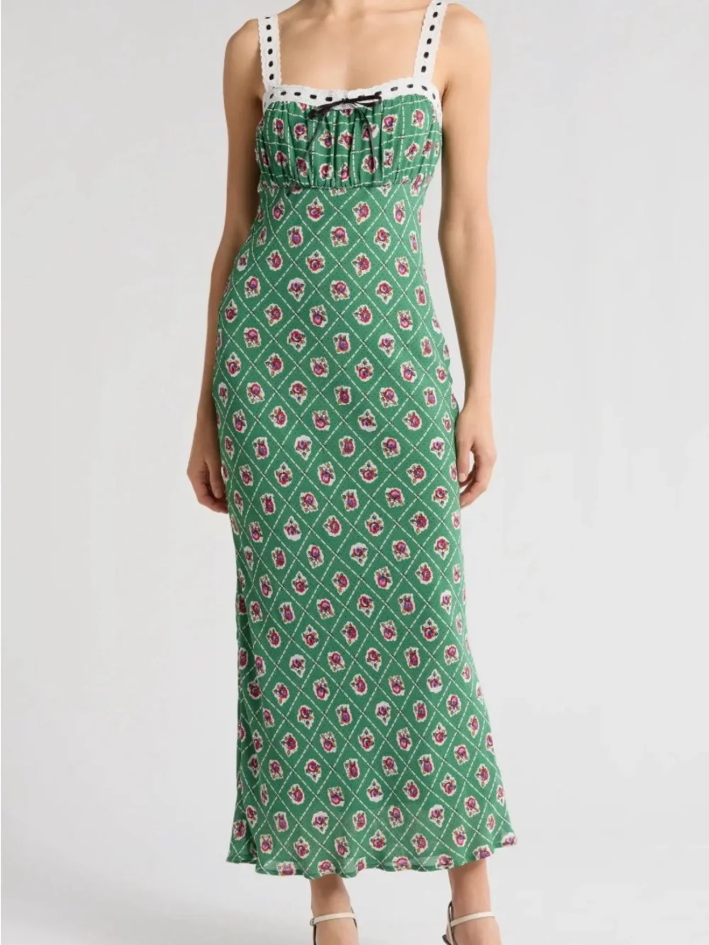 WAYF. Green Patterned Midi Dress with Contrast Trim - Picture 1 of 16